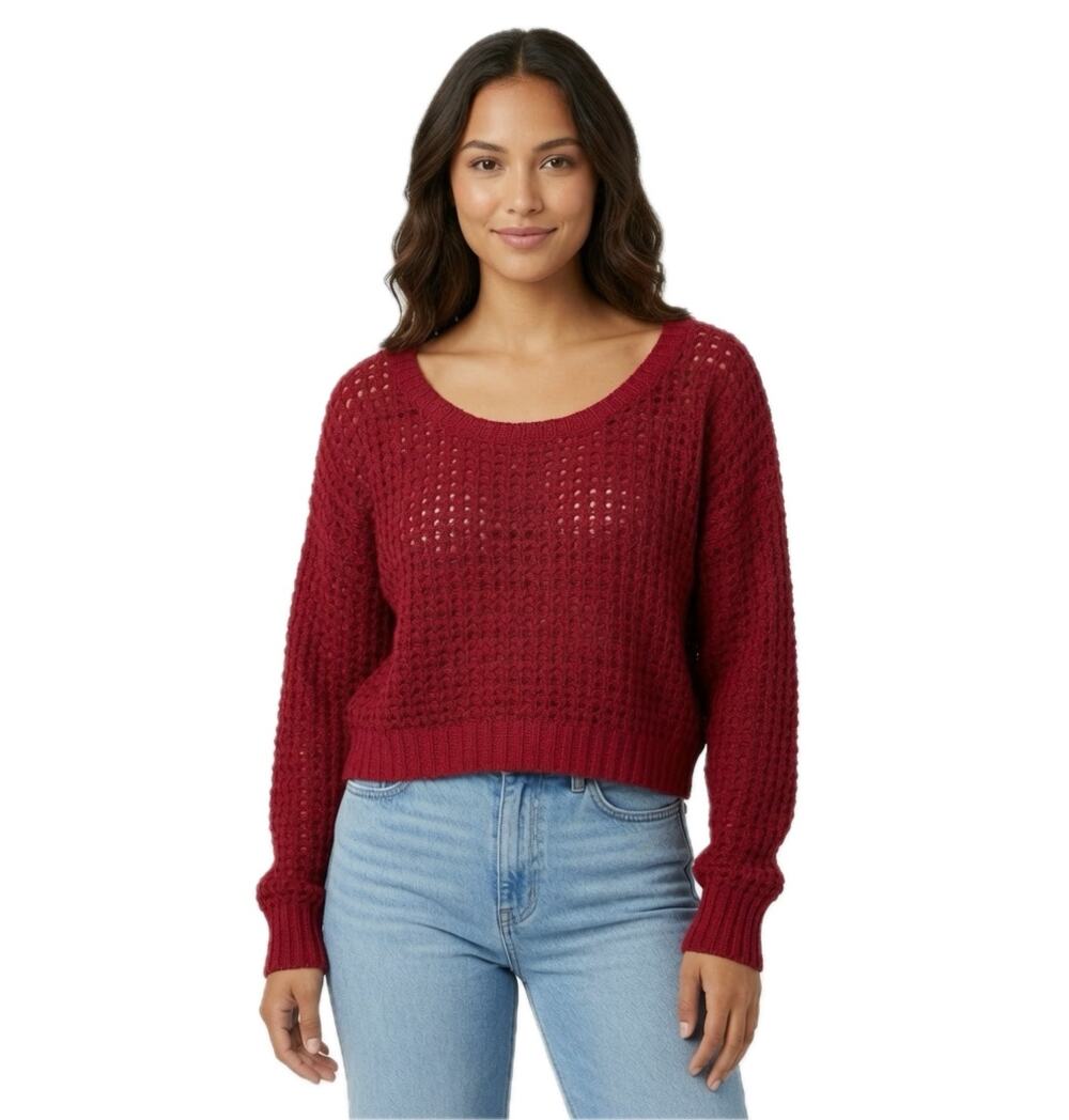 Express Maroon Oversized Open Cable Knit Cropped Sweater Small